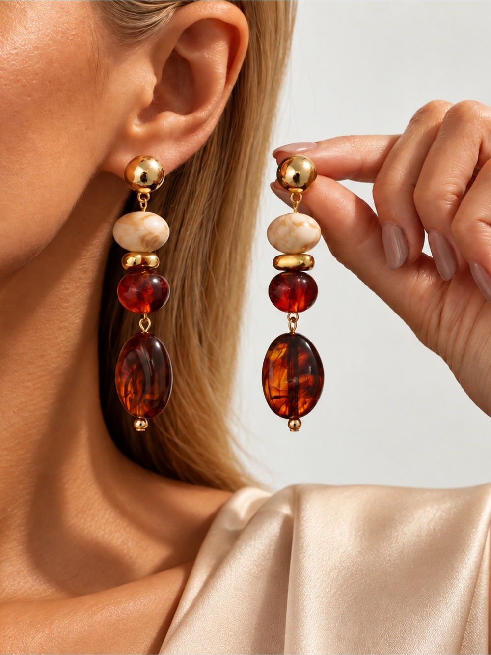 Gold and Amber Bead Drop Earrings - Women Jewelry